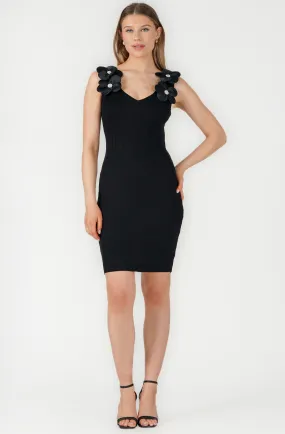 Fitted Knit Dress with Satin 3D Flowers Fitted Knit Dress with Satin 3D Flowers