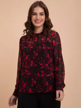 Georgette Floral Print Top - Red And Black Georgette Floral Print Top - Red And Black