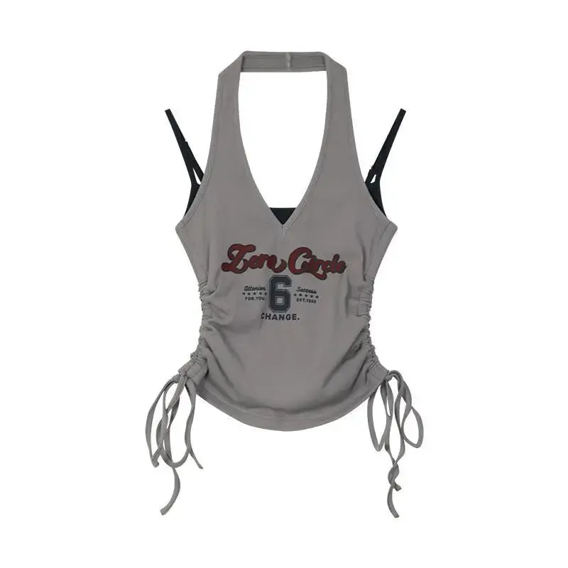 Getadme Chic Fashion Women All Match Contrast Color Fake Two Piece Sexy Halter Camisole American Y2k Print Bandage Slim Crop Tank Tops