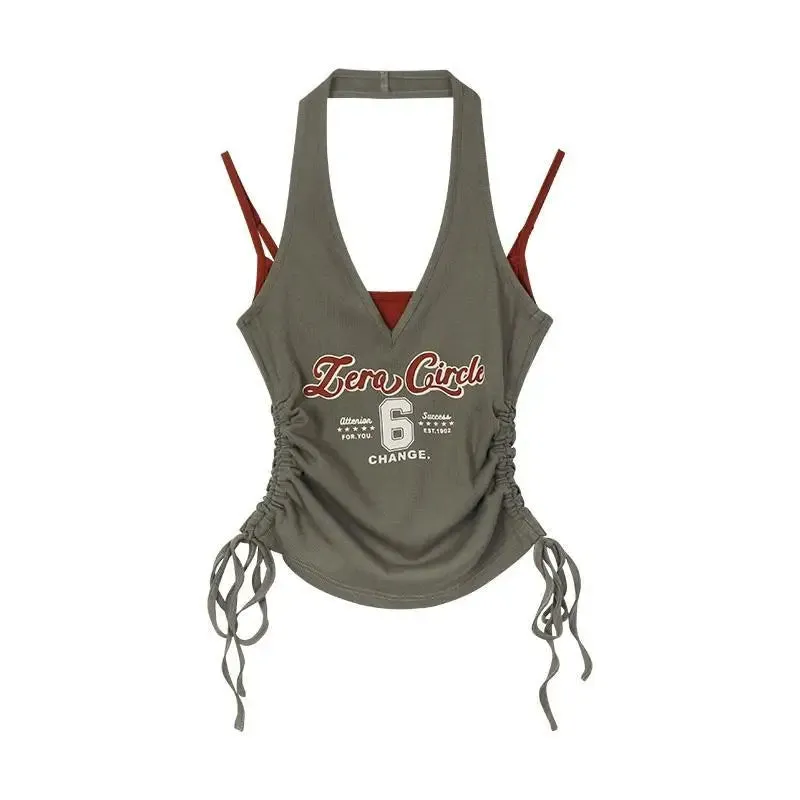 Getadme Chic Fashion Women All Match Contrast Color Fake Two Piece Sexy Halter Camisole American Y2k Print Bandage Slim Crop Tank Tops