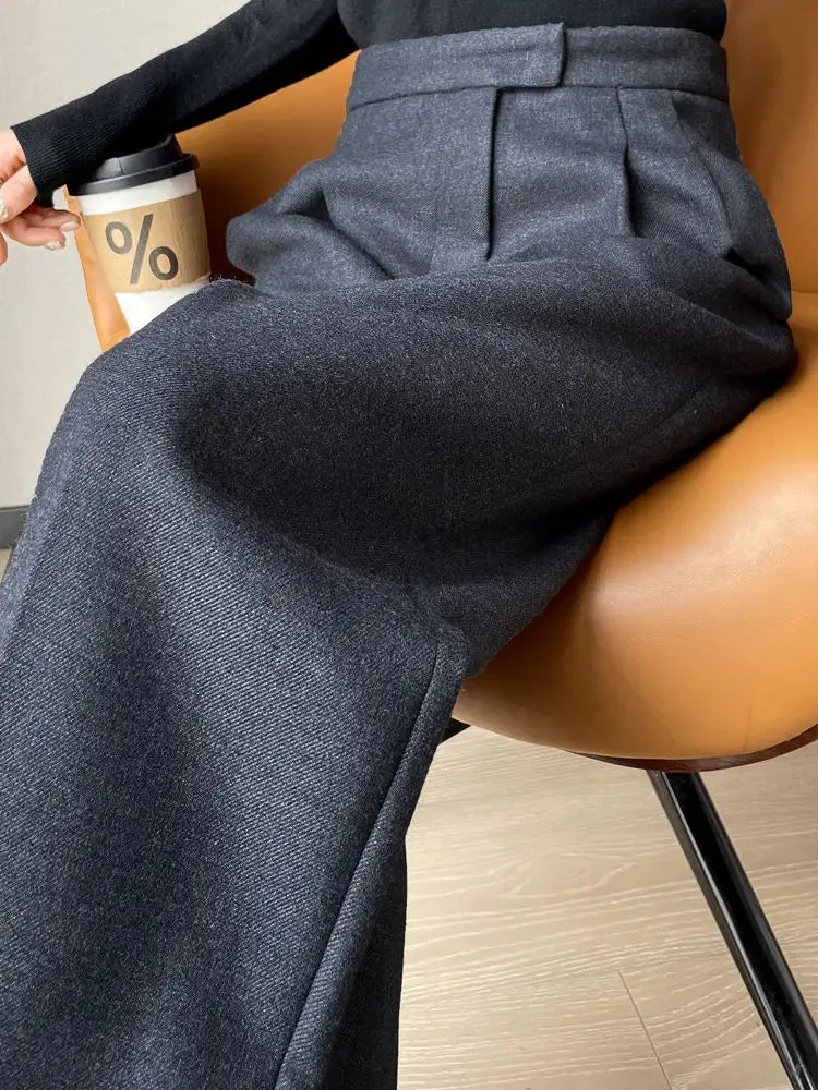 Getadme Gray Pants for Women Solid Wool Suit Women Pants High Waist Fashion New Wide Leg Pants Autumn Winter Thickening Women' S Pants