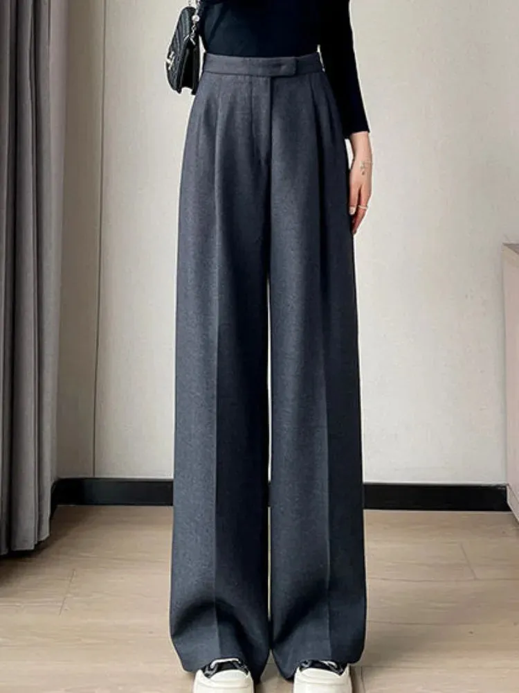 Getadme Gray Pants for Women Solid Wool Suit Women Pants High Waist Fashion New Wide Leg Pants Autumn Winter Thickening Women' S Pants