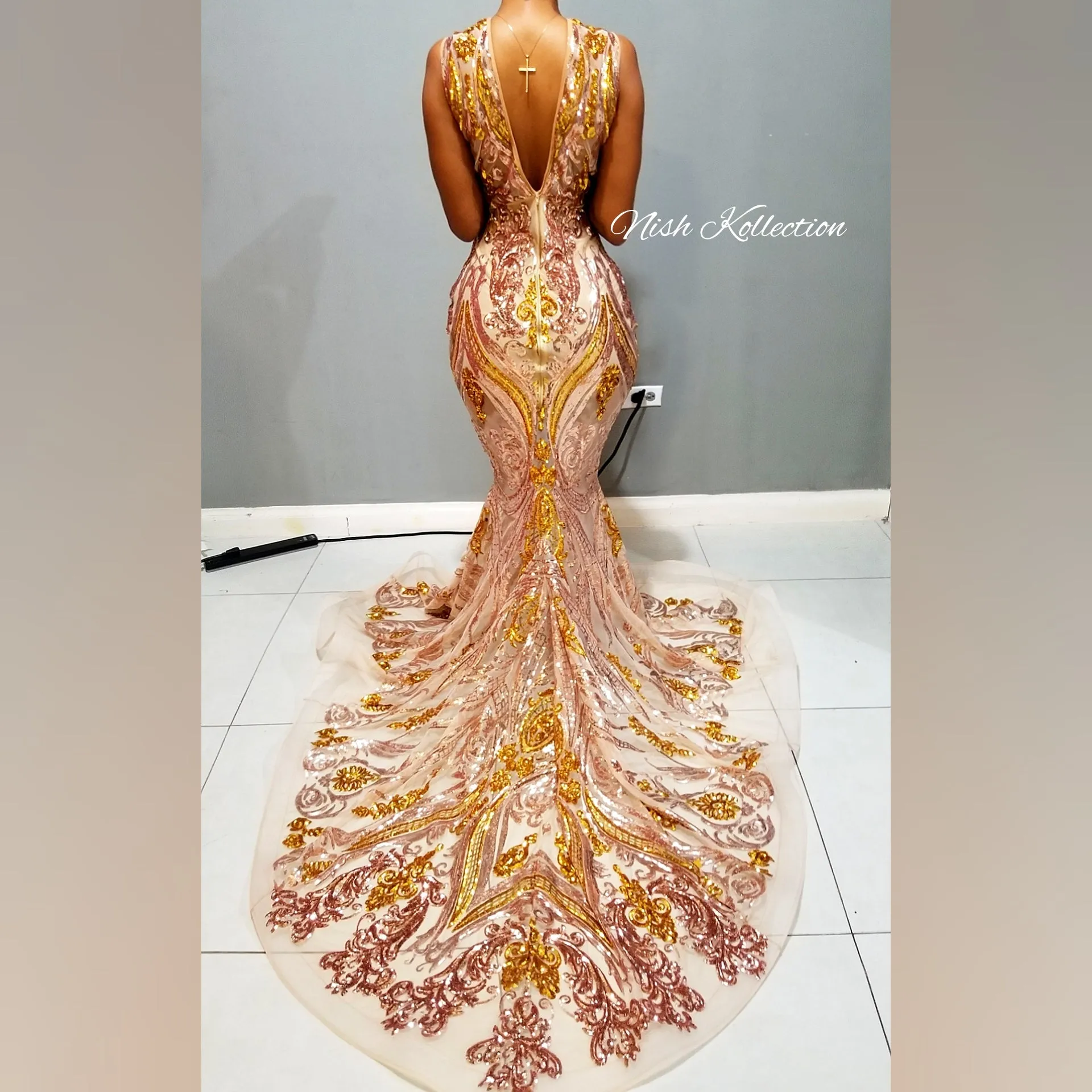 Gold Gigi Amani Rhinestone Multicolored Sequin Gown