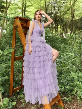 Gorgeous Plunging Neck Backless Cascading Ruffle Tulle Prom Dress Gorgeous Plunging Neck Backless Cascading Ruffle Tulle Prom Dress