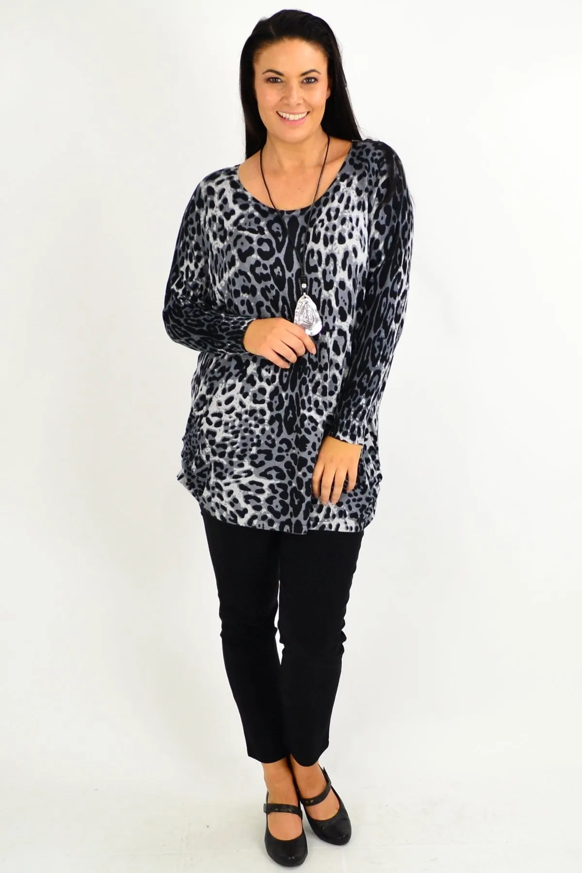 Grey Leopard Wool Blend Tunic Top