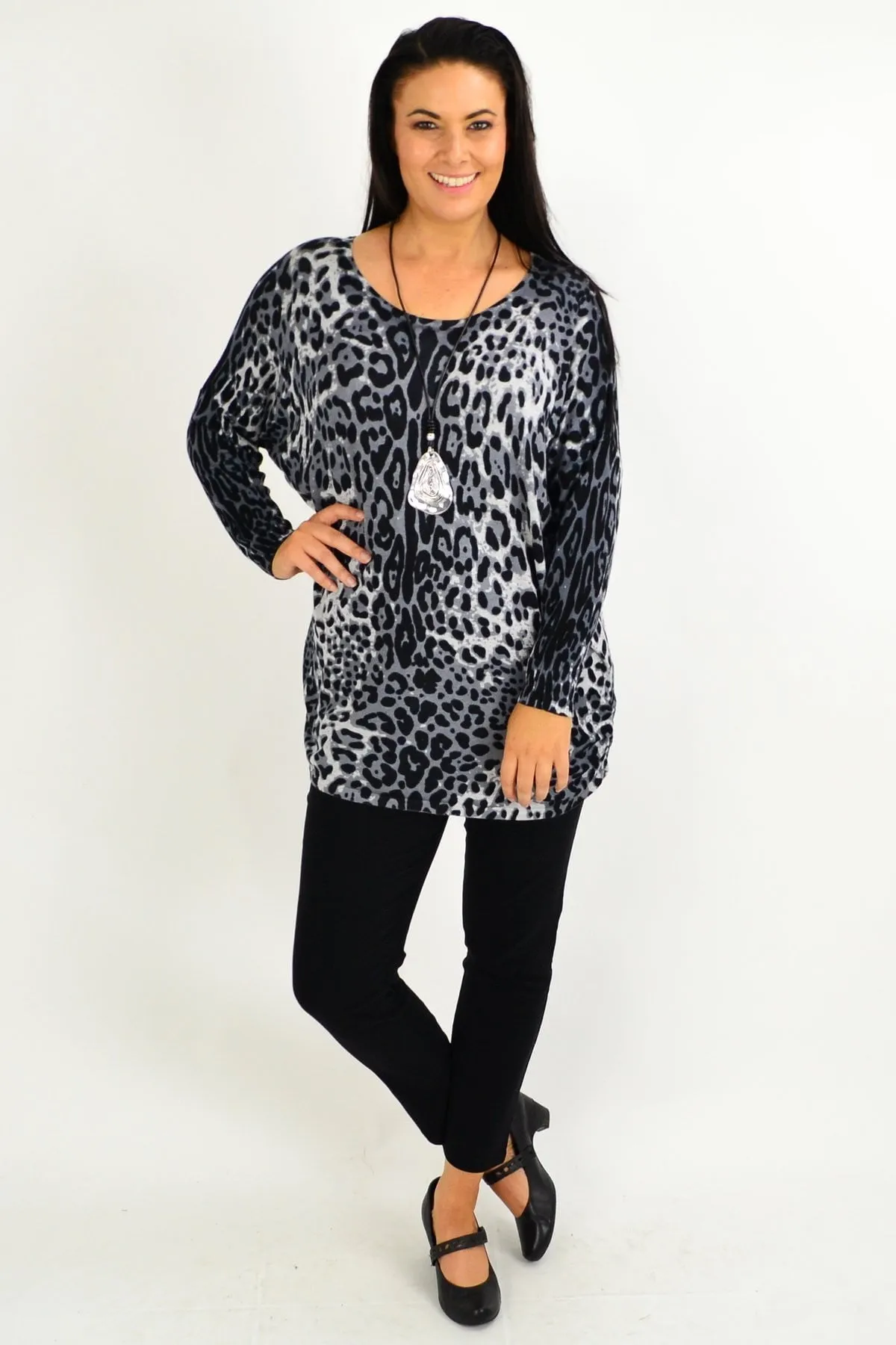 Grey Leopard Wool Blend Tunic Top