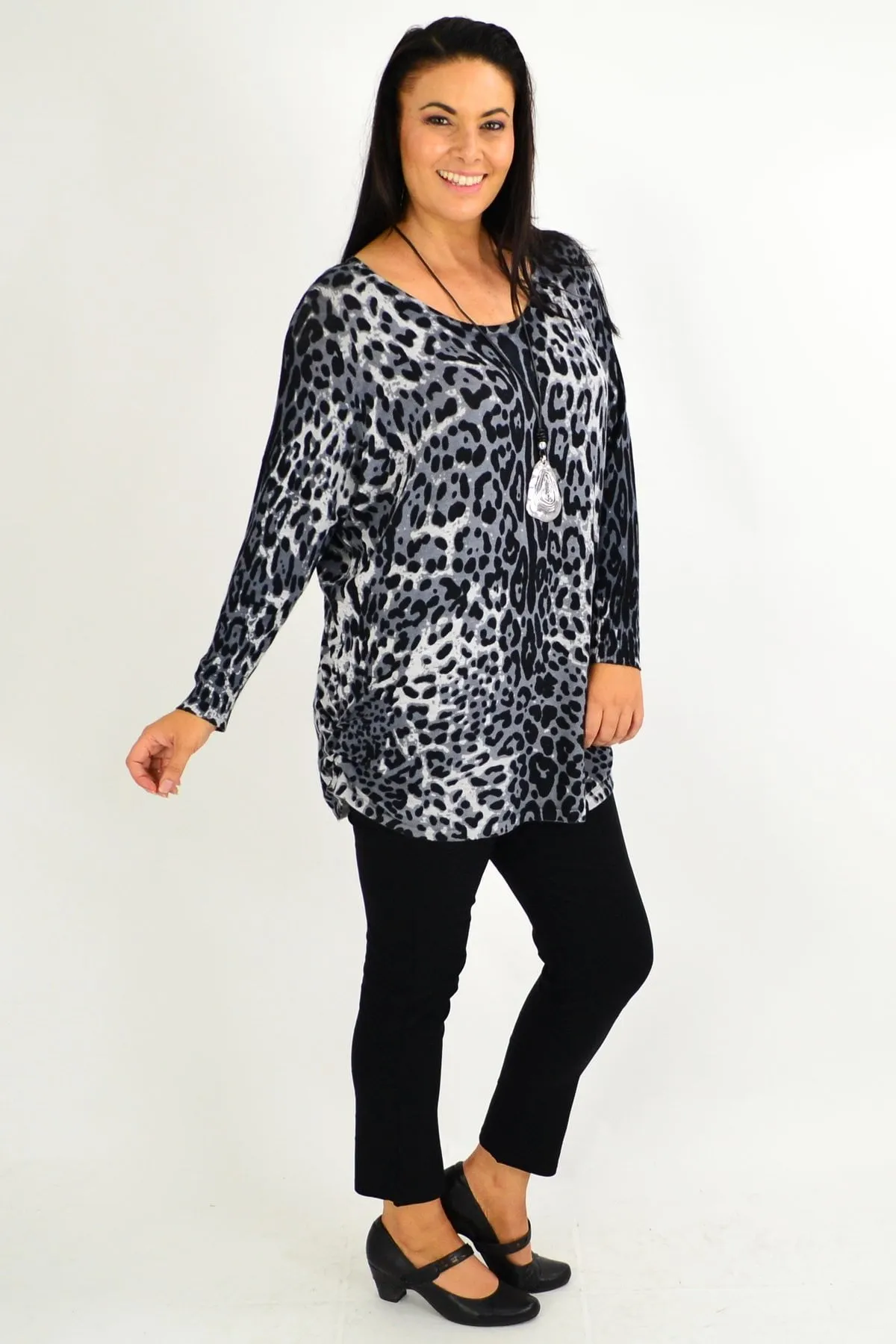 Grey Leopard Wool Blend Tunic Top