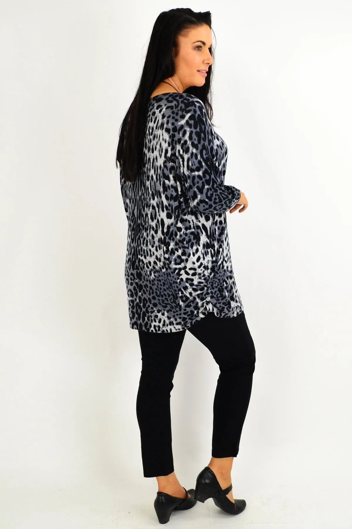 Grey Leopard Wool Blend Tunic Top