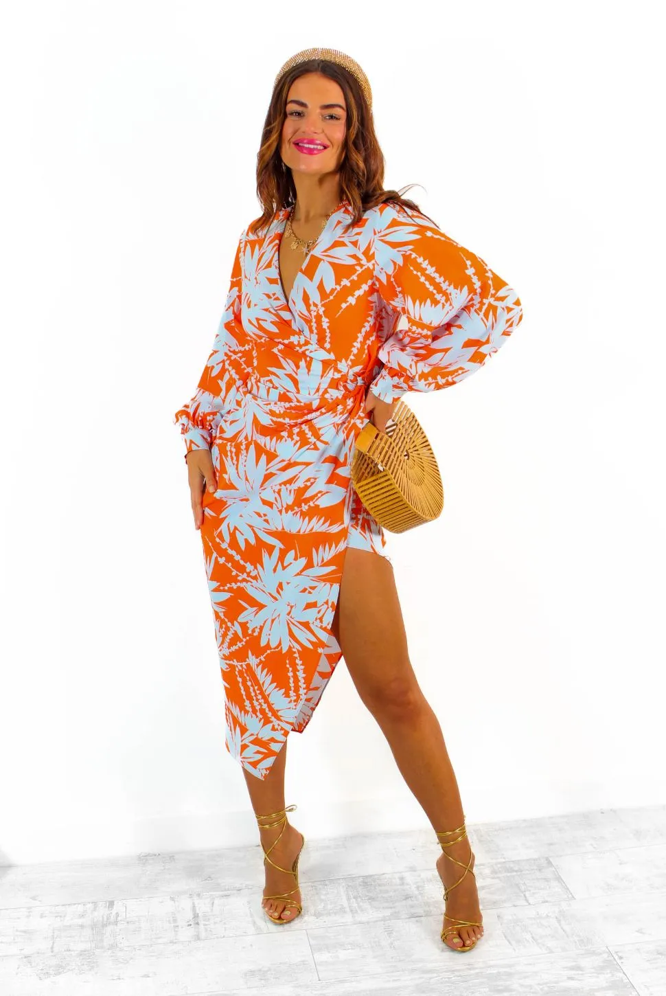 Its Not Over - Orange Pale Blue Tropical Print Gathered Midi Dress