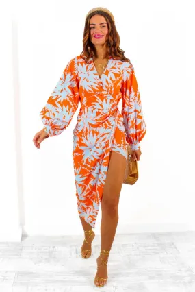 Its Not Over - Orange Pale Blue Tropical Print Gathered Midi Dress Its Not Over - Orange Pale Blue Tropical Print Gathered Midi Dress