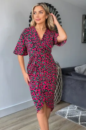 Jacqui Pink Leopard Wrap Detailed Midi Dress Jacqui Pink Leopard Wrap Detailed Midi Dress