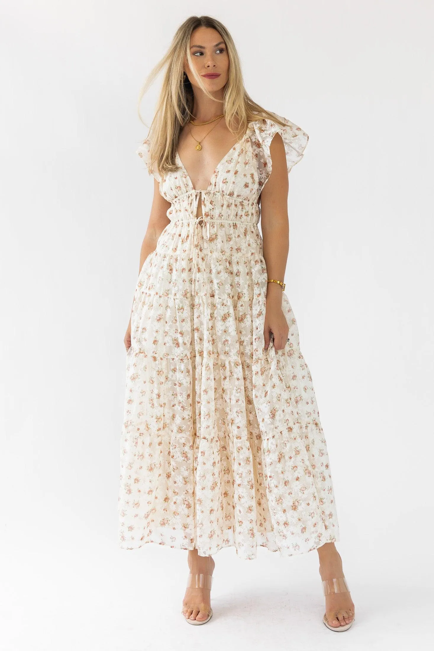 Jesslyn Cream Peach Floral Maxi Dress - Final Sale