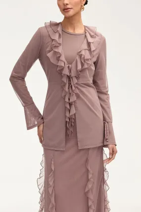 Jida Ruffle Tie Front Mesh Top - Twilight Mauve Jida Ruffle Tie Front Mesh Top - Twilight Mauve