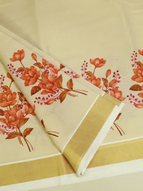 Kerala Set Running Material - Golden Tissue with Floral Print & Golden Border - 129/- Kerala Set Running Material - Golden Tissue with Floral Print & Golden Border - 129/-