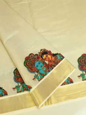 Kerala Set Running Material - Golden Tissue with Floral Print & Golden Border - 176/- Kerala Set Running Material - Golden Tissue with Floral Print & Golden Border - 176/-