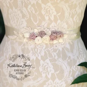 Laurie Dusty Rose Soft Mauve Wedding Dress Sash Bridal Belt, Floral with lace detail Laurie Dusty Rose Soft Mauve Wedding Dress Sash Bridal Belt, Floral with lace detail