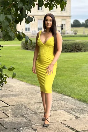 Lavish Alice pleated ponte corset midi dress in lime yellow Lavish Alice pleated ponte corset midi dress in lime yellow
