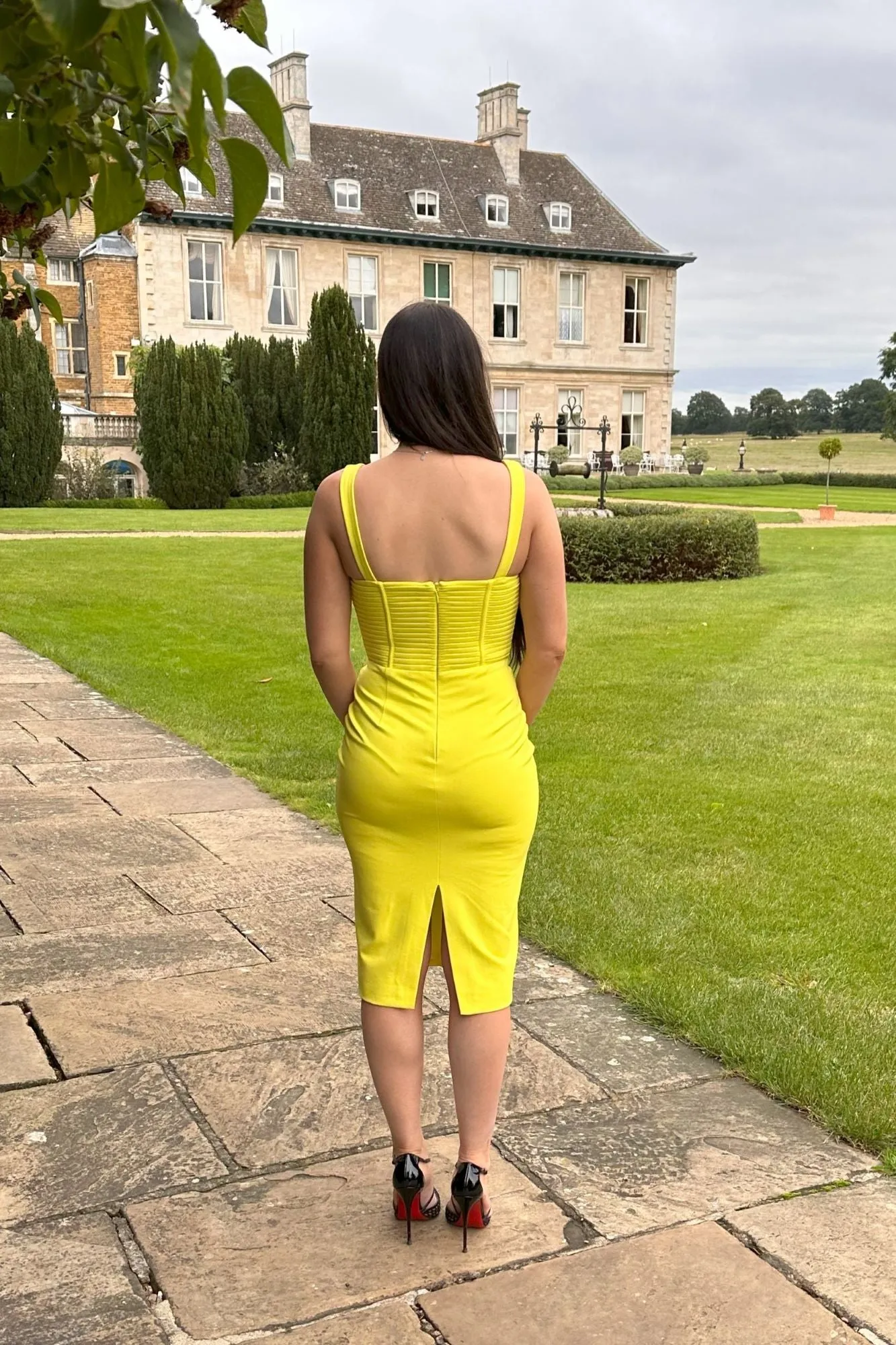 Lavish Alice pleated ponte corset midi dress in lime yellow