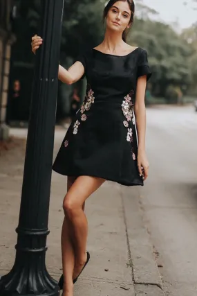 Leather Floral Applique Cocktail Dress with Cap Sleeve Leather Floral Applique Cocktail Dress with Cap Sleeve