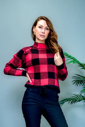 Long Sleeve Buffalo Plaid Mock Neck Sweater with Drawstring Waist in Red & Black (31194R) Long Sleeve Buffalo Plaid Mock Neck Sweater with Drawstring Waist in Red & Black (31194R)