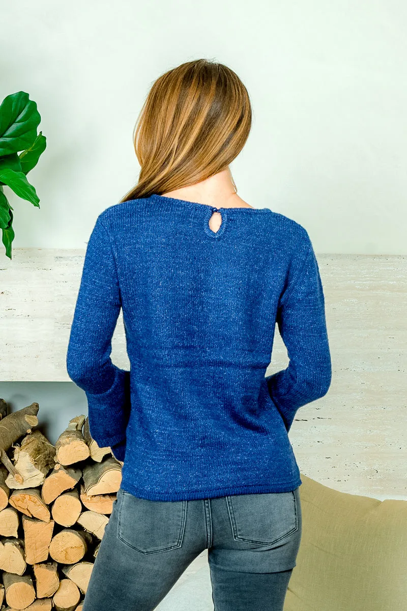 Long Sleeve Round Neck Sweater with Tiered Bell Long Sleeves in Navy (JFS18036)