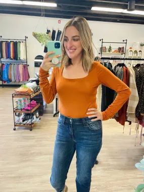 Long Sleeve Square Neck Bodysuit in Cognac Long Sleeve Square Neck Bodysuit in Cognac