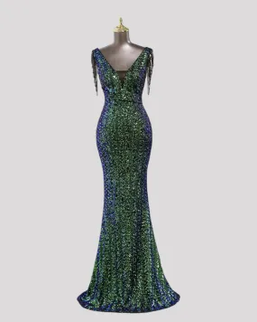 Mermaid Sequin Dress with Pleating detail over waist and Beaded illusion Sleeves Mermaid Sequin Dress with Pleating detail over waist and Beaded illusion Sleeves