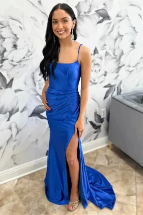 Mermaid Straps Royal Blue Long Prom Dress with High Slit Mermaid Straps Royal Blue Long Prom Dress with High Slit