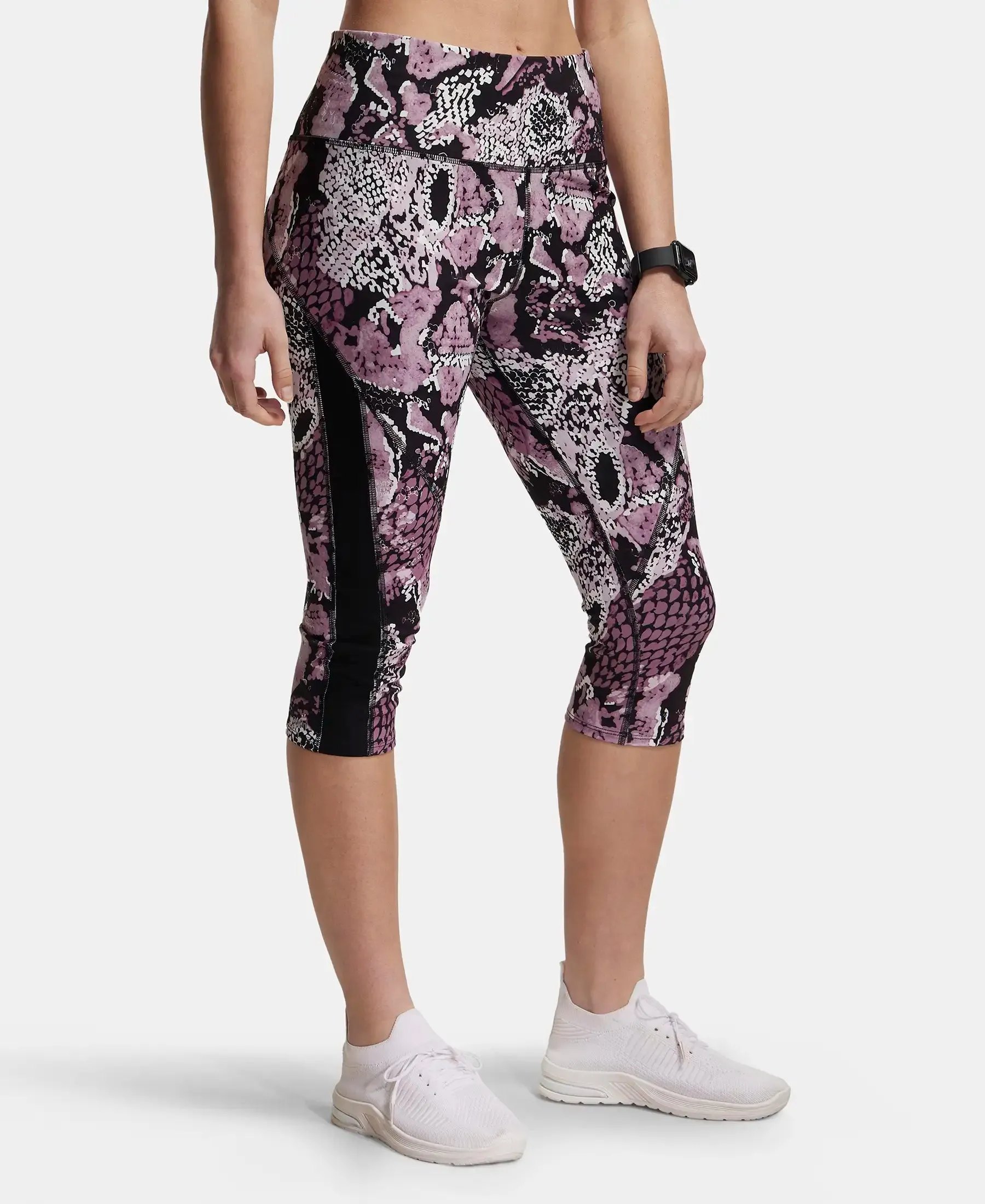 Microfiber Elastane Stretch Slim Fit Capri with Back Waistband Pocket - Old Rose Printed