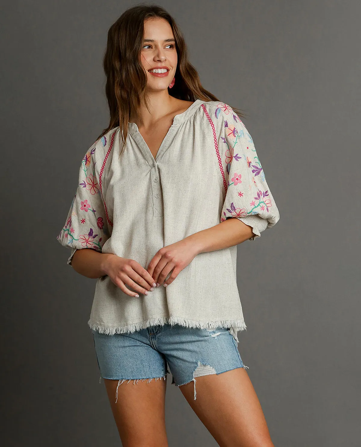 Mid Button-Down Embroidery Sleeve Top