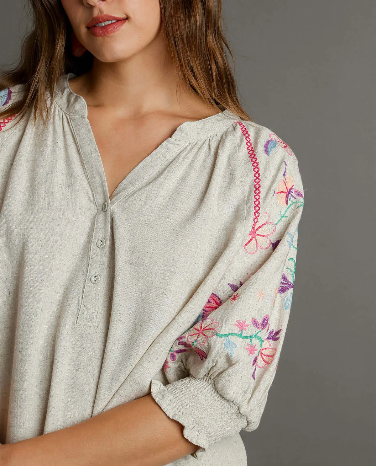 Mid Button-Down Embroidery Sleeve Top