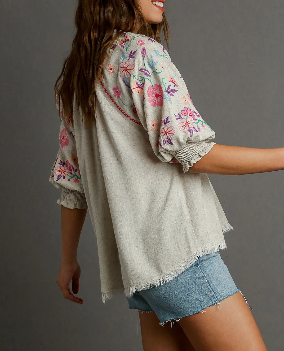 Mid Button-Down Embroidery Sleeve Top
