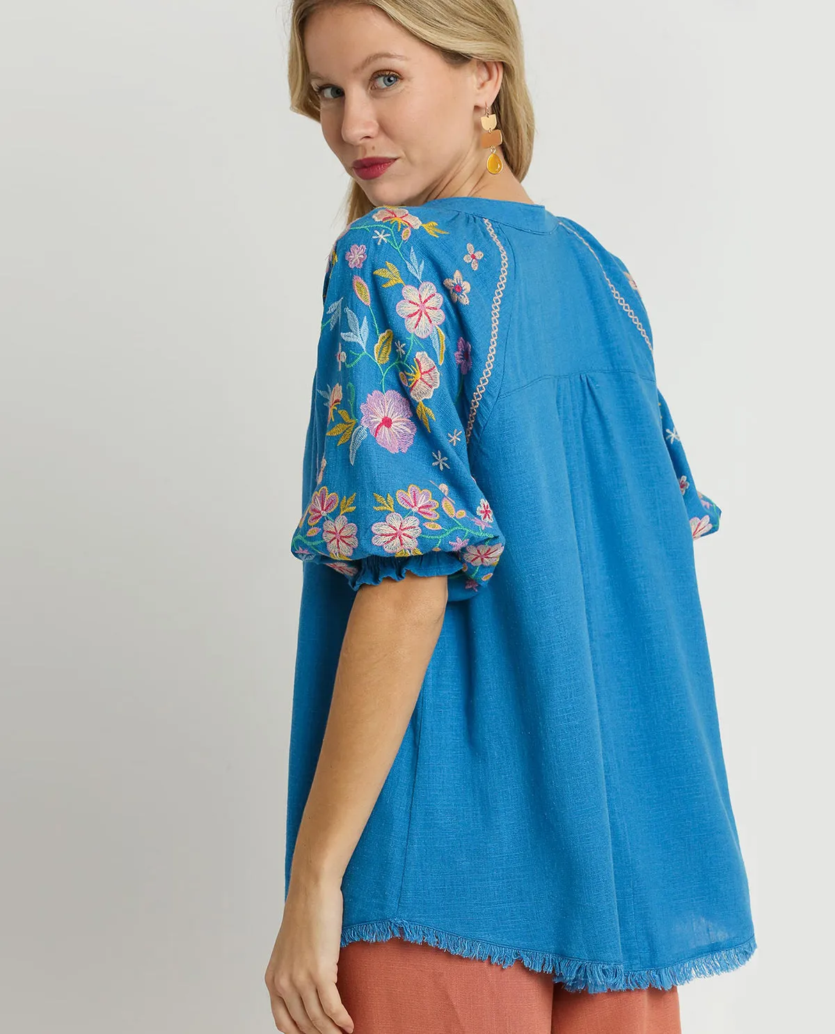 Mid Button-Down Embroidery Sleeve Top