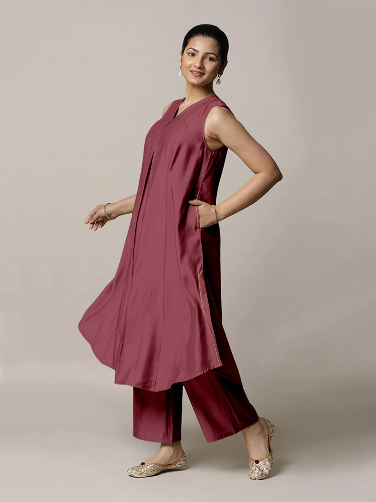 Mirha x Rozaana | A Line Kurta in Rose Pink with Thread Work | Coords or Only Kurta