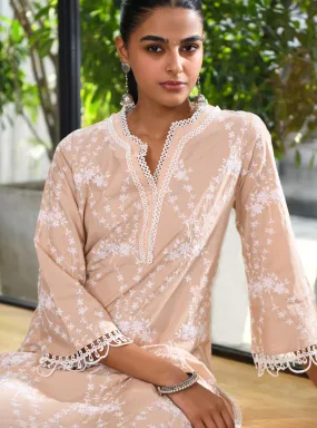 Mulmul Cotton Arki Beige Kurta With Cotton Verla White Pant Mulmul Cotton Arki Beige Kurta With Cotton Verla White Pant