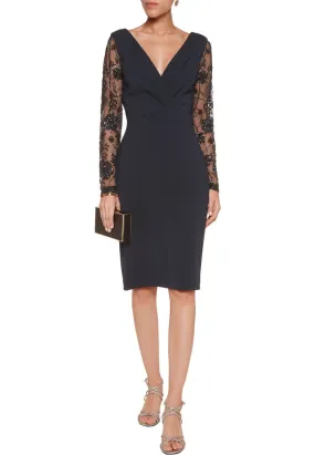 Navy Embellished Long Sleeves Crepe Dress Navy Embellished Long Sleeves Crepe Dress