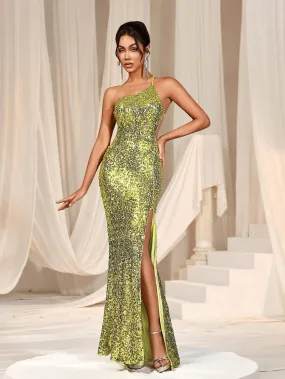 One Shoulder Backless Slit Sequin Dress One Shoulder Backless Slit Sequin Dress