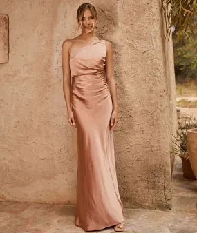 One Shoulder Satin Ruched Bridesmaid Dress - Burnt Peach One Shoulder Satin Ruched Bridesmaid Dress - Burnt Peach