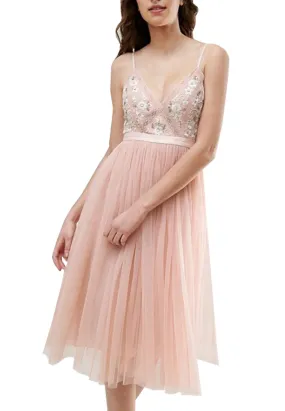 Pink Embroidered Floral Tulle Midi Dress Pink Embroidered Floral Tulle Midi Dress