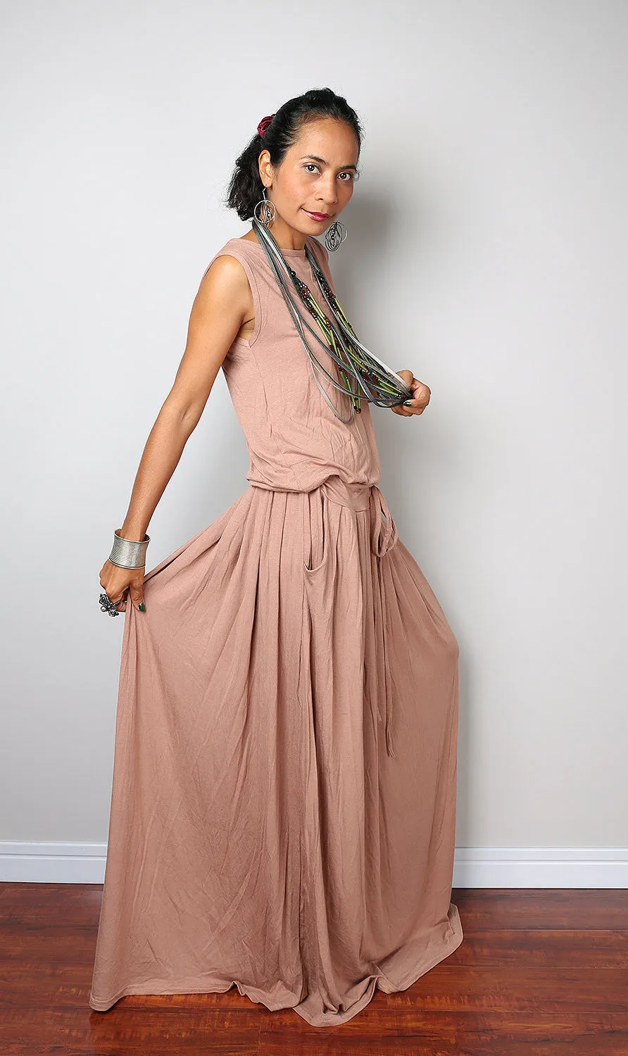 PLUS SIZE Maxi Dress -  Sleeveless Nude/light brown dress : Autumn Thrills Collection No.9