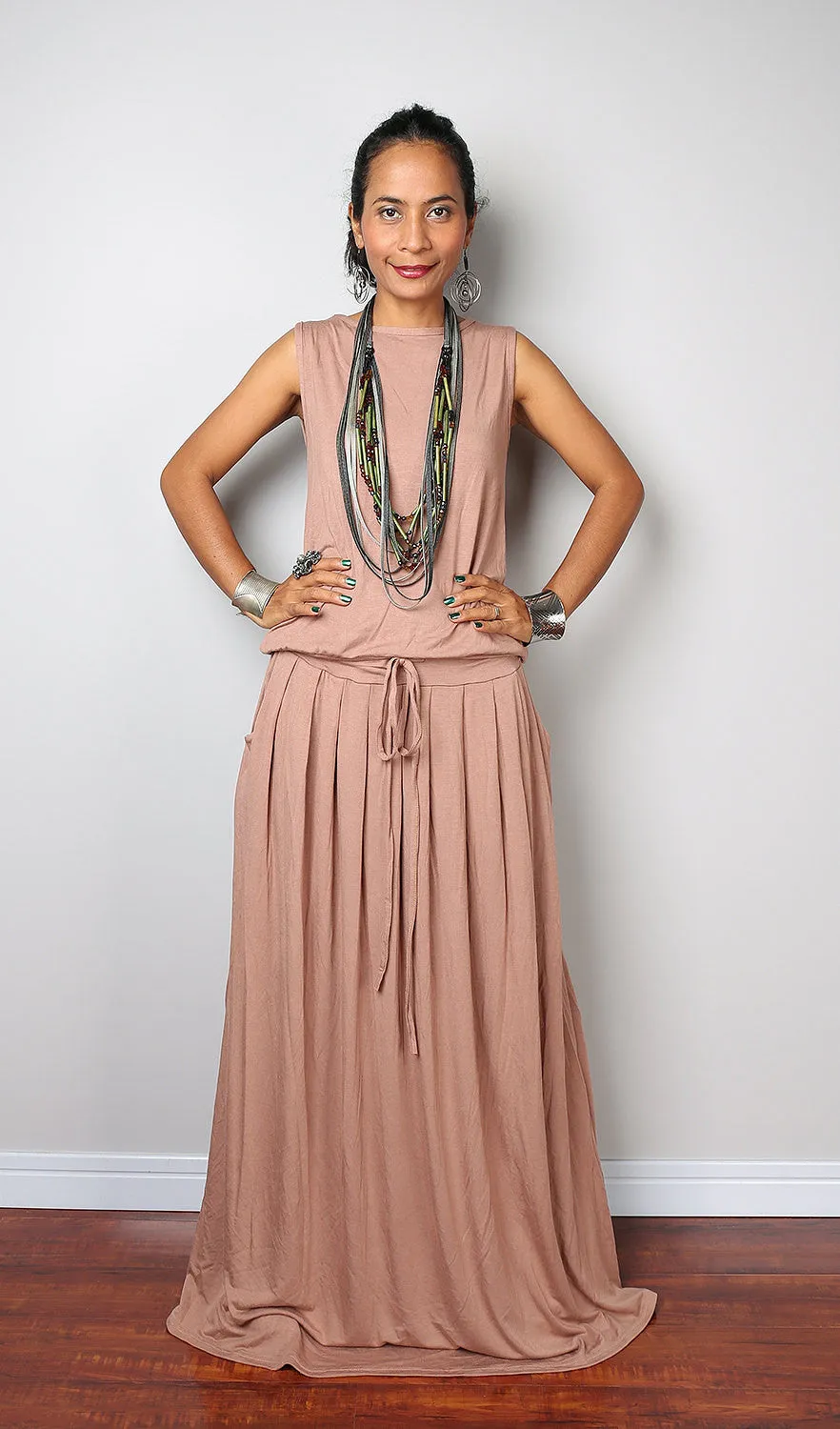 PLUS SIZE Maxi Dress -  Sleeveless Nude/light brown dress : Autumn Thrills Collection No.9