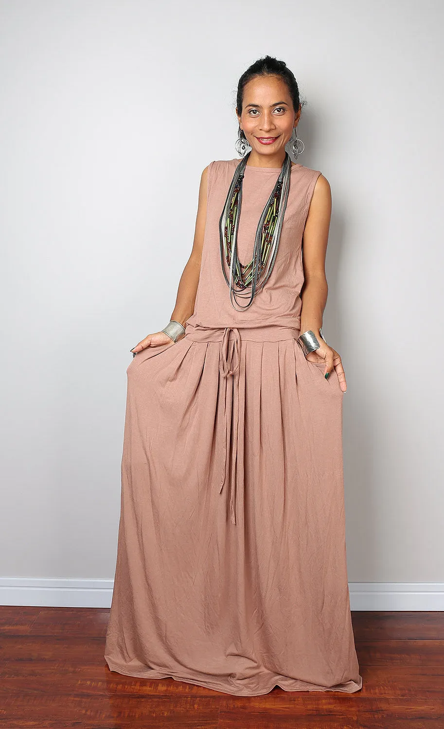 PLUS SIZE Maxi Dress -  Sleeveless Nude/light brown dress : Autumn Thrills Collection No.9