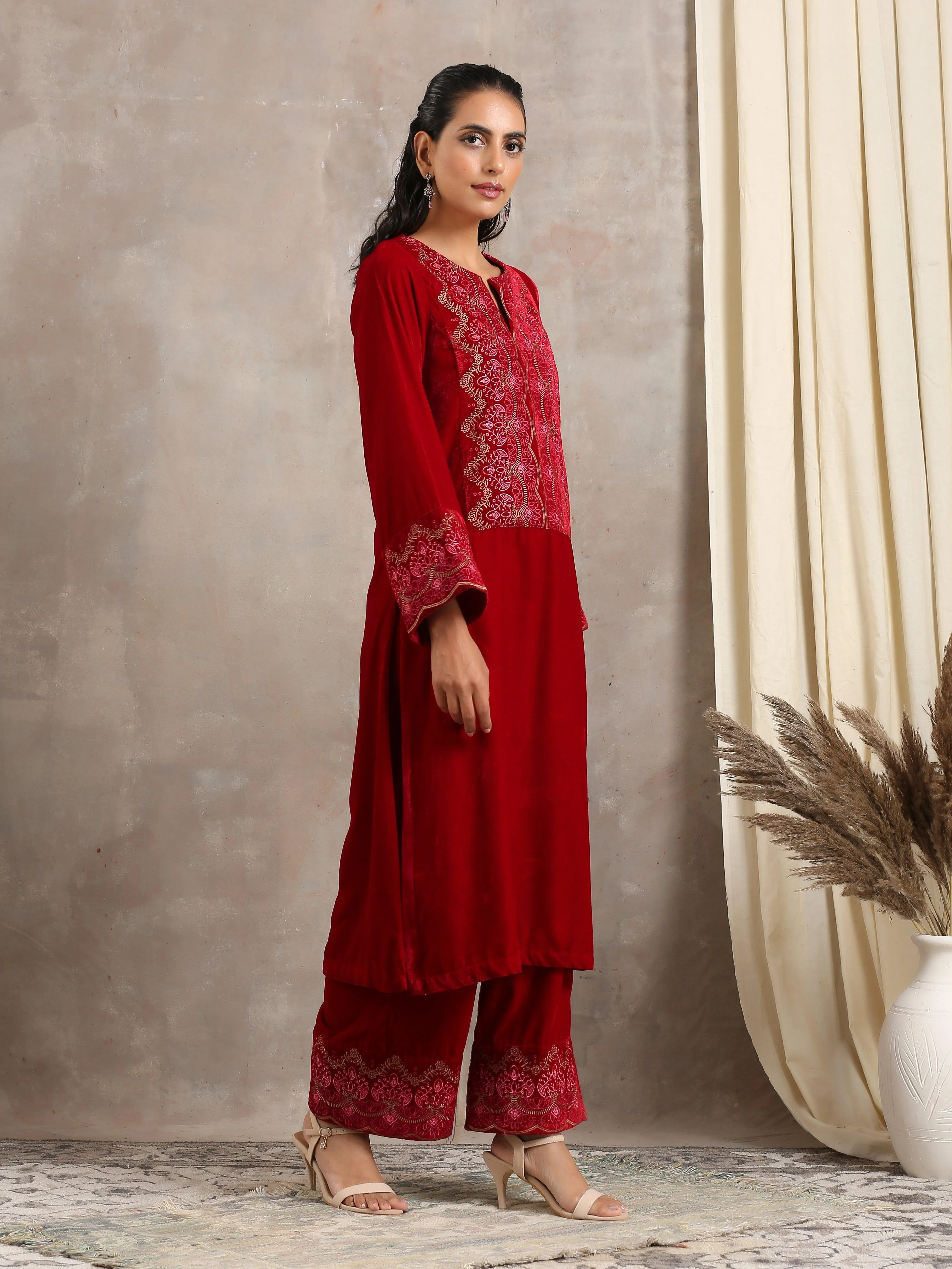 Red Velvet Embroidered Slit Kurta