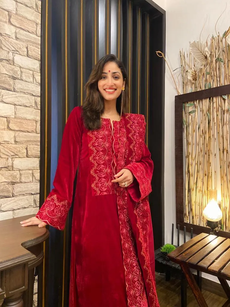 Red Velvet Embroidered Slit Kurta