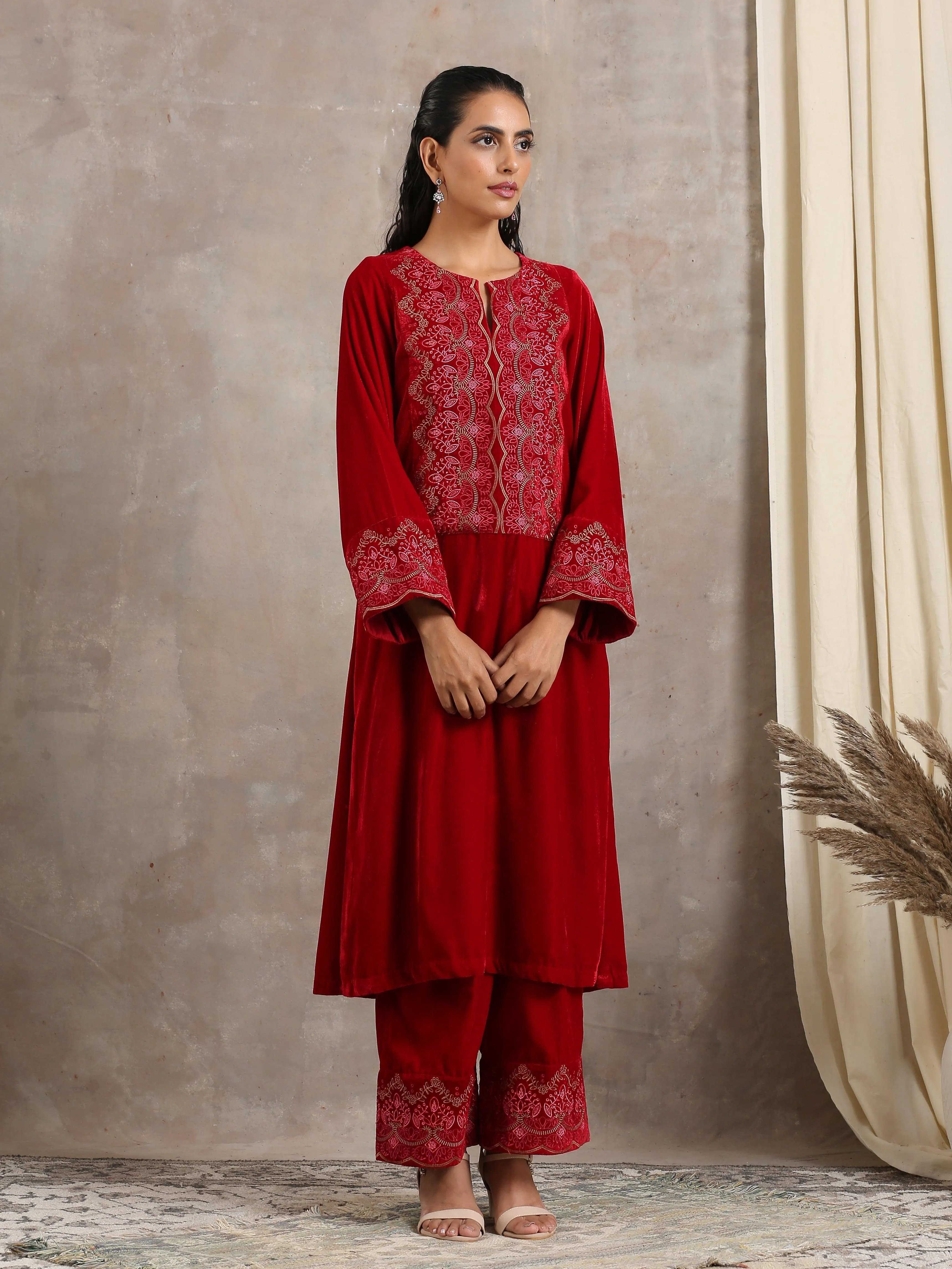 Red Velvet Embroidered Slit Kurta