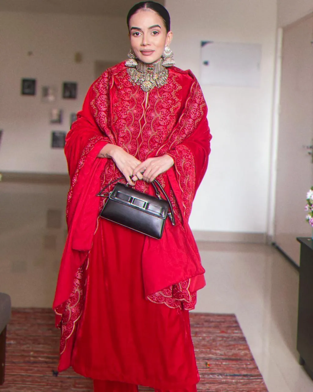 Red Velvet Embroidered Slit Kurta