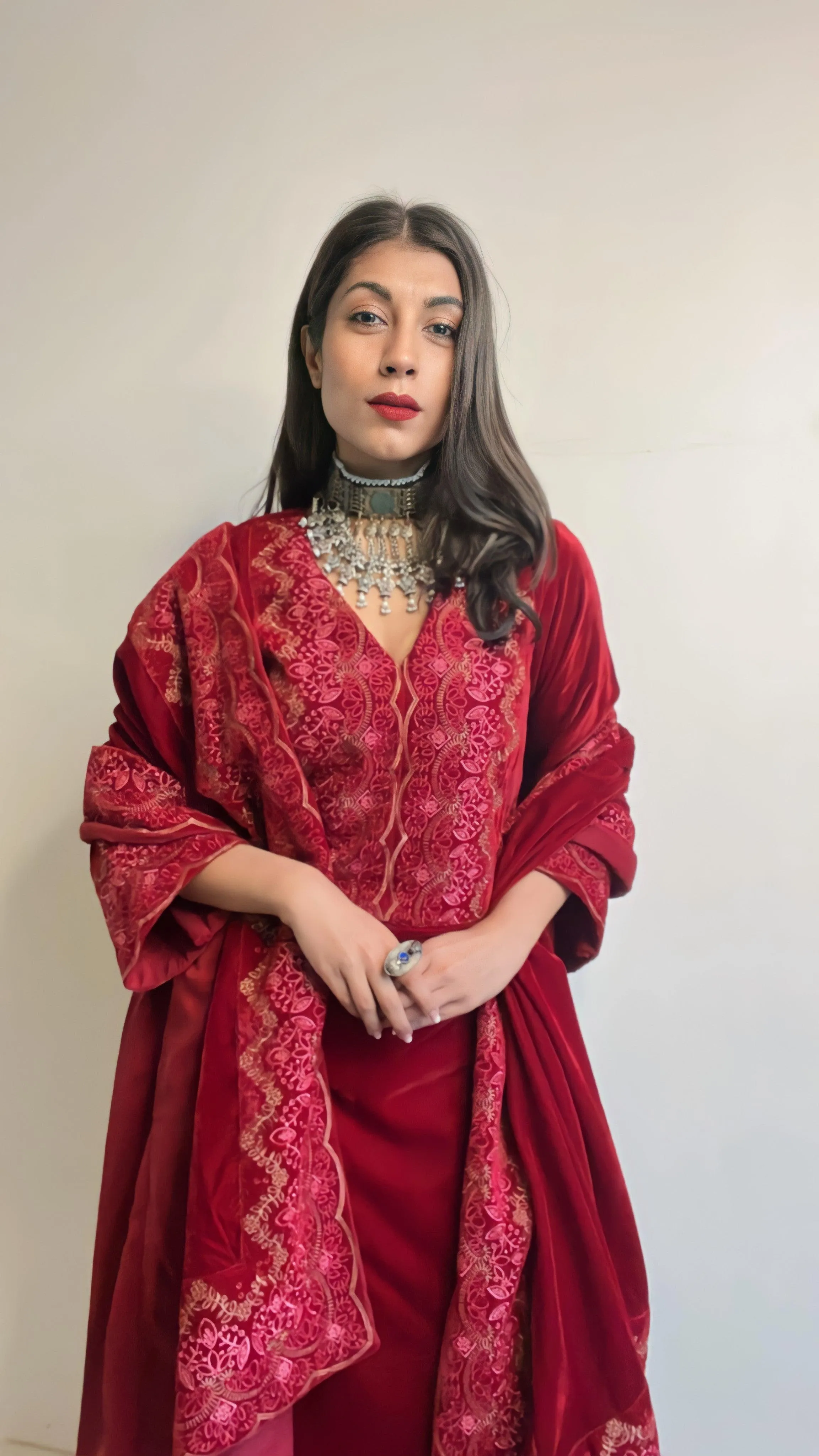 Red Velvet Embroidered Slit Kurta
