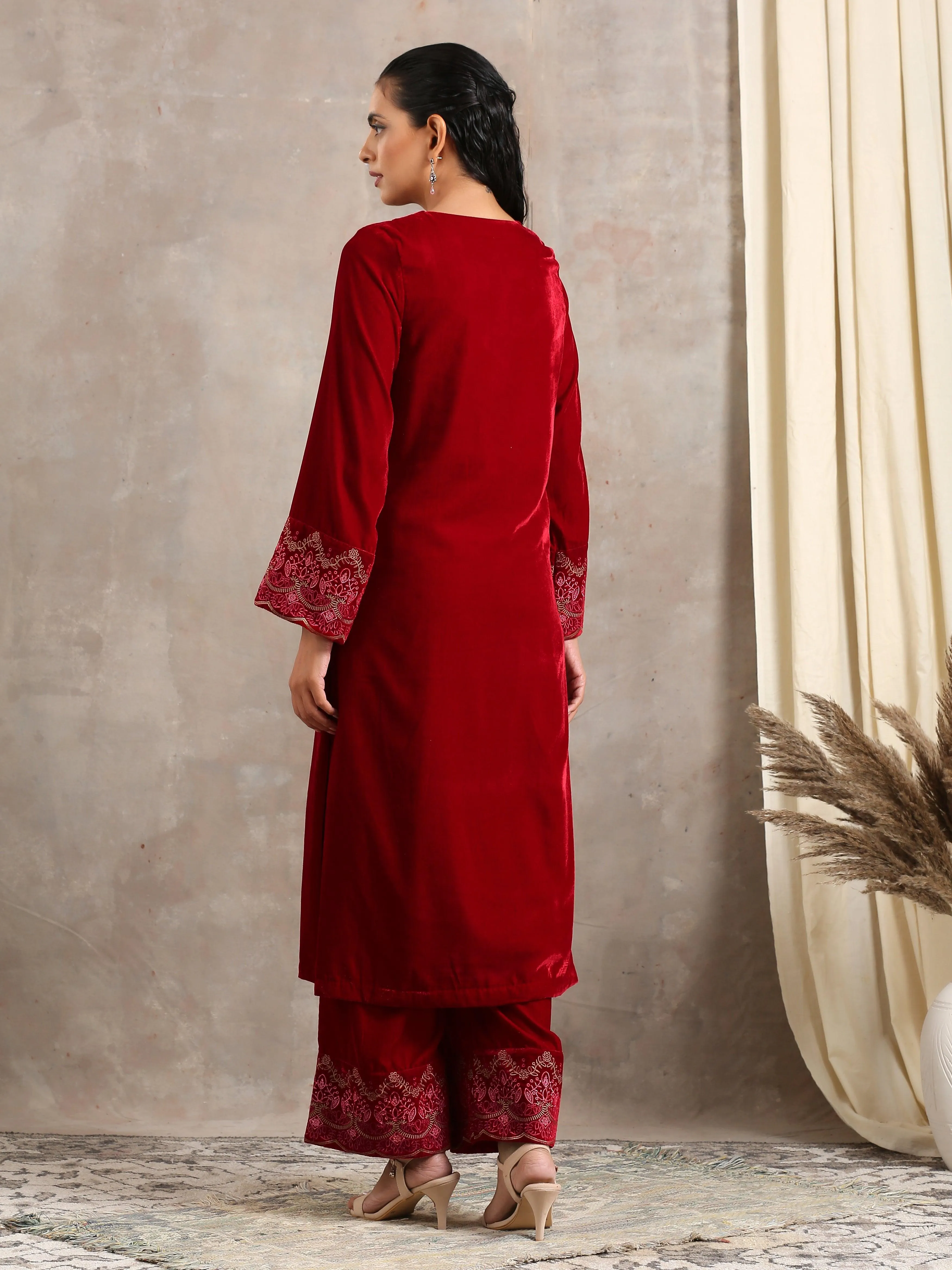 Red Velvet Embroidered Slit Kurta