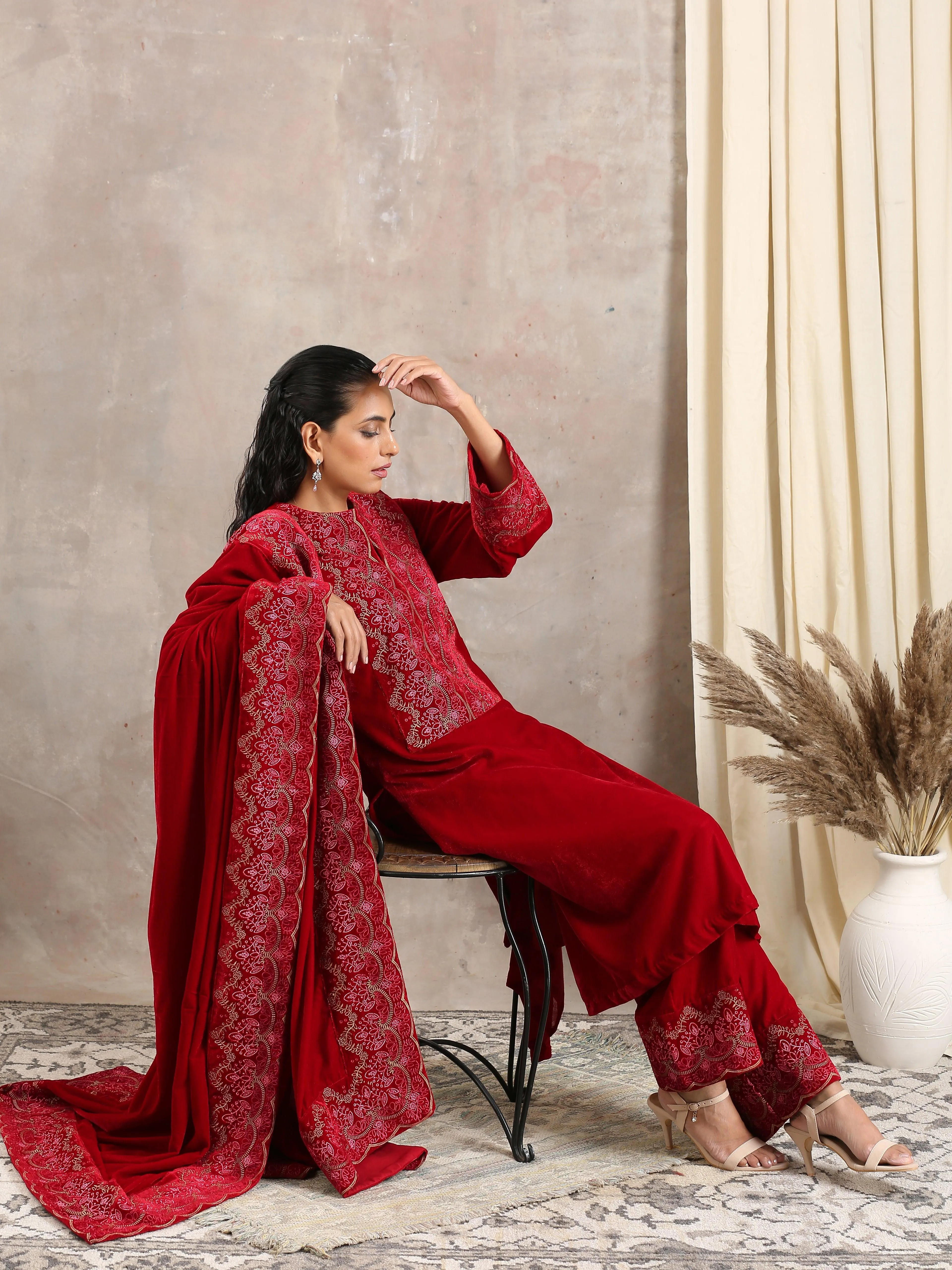 Red Velvet Embroidered Slit Kurta