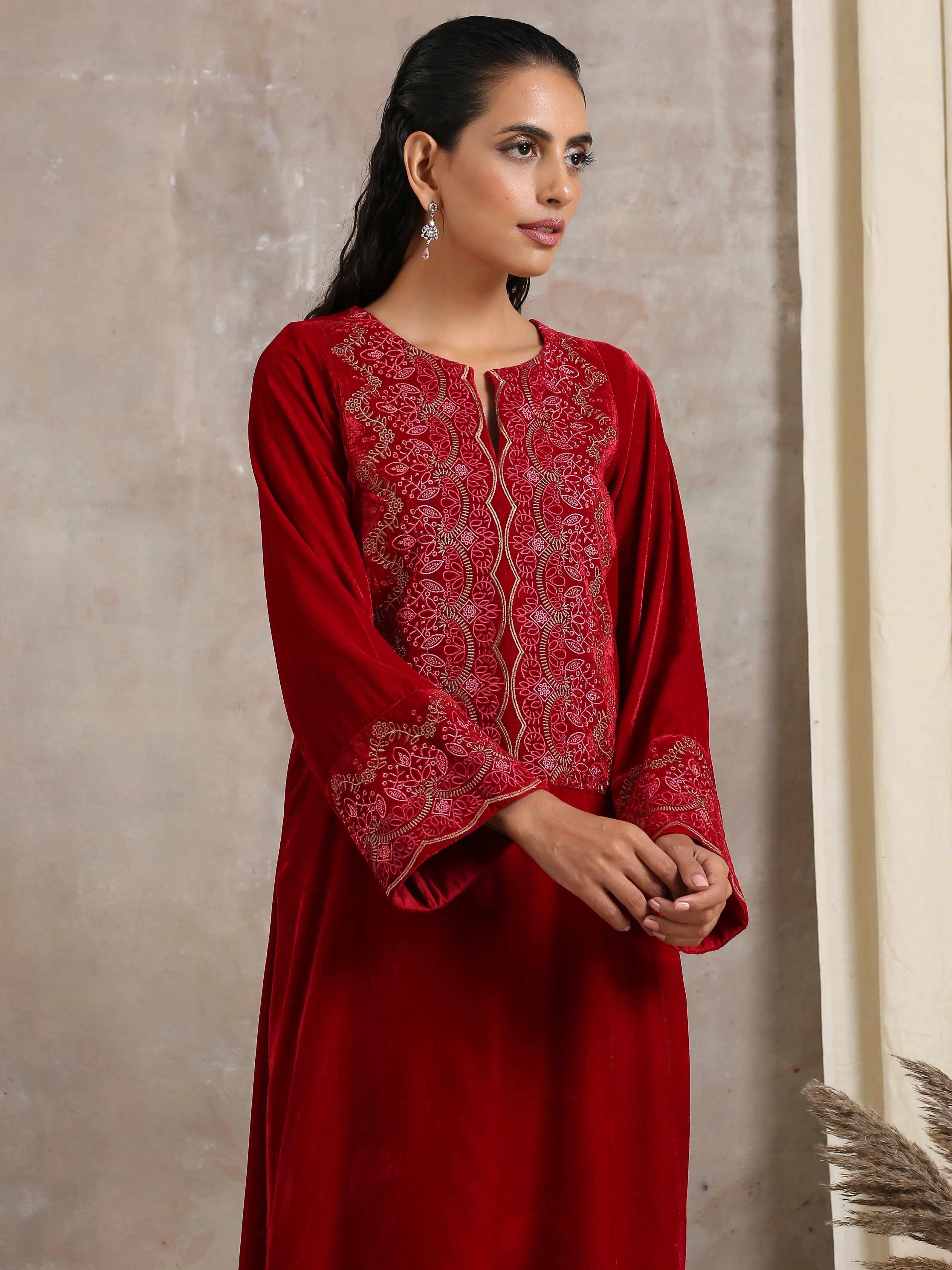 Red Velvet Embroidered Slit Kurta